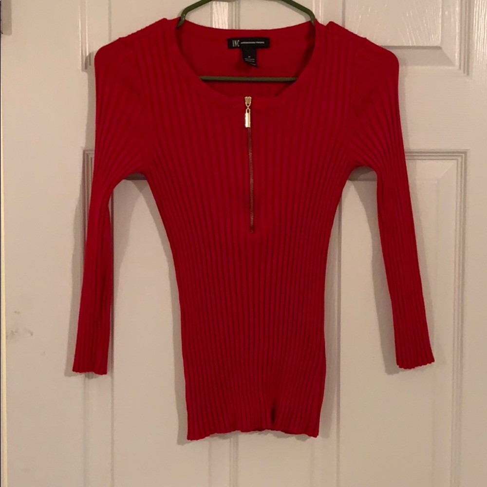 INC bright red sweater with gold zipper detail